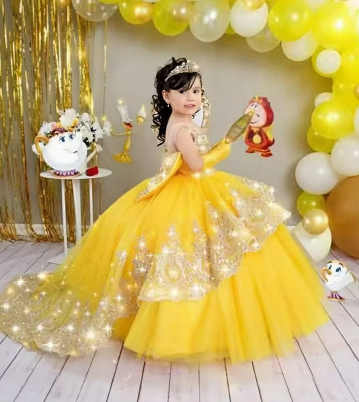 6m / Yellow Sunnypetal Gold Appliques Tulle Tiered Flower Girl Dress Toddlers Beaded Lace Pageant Dress