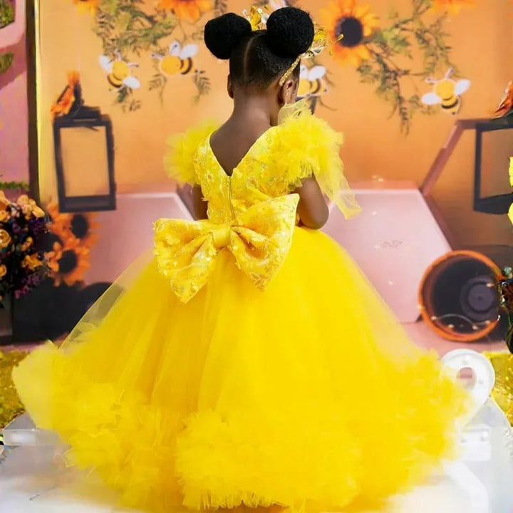 6m / Yellow Sunnypetal Yellow Lace 3D Butterflys Sequins Flower Girl Dress Pageant Party Gown with Bow