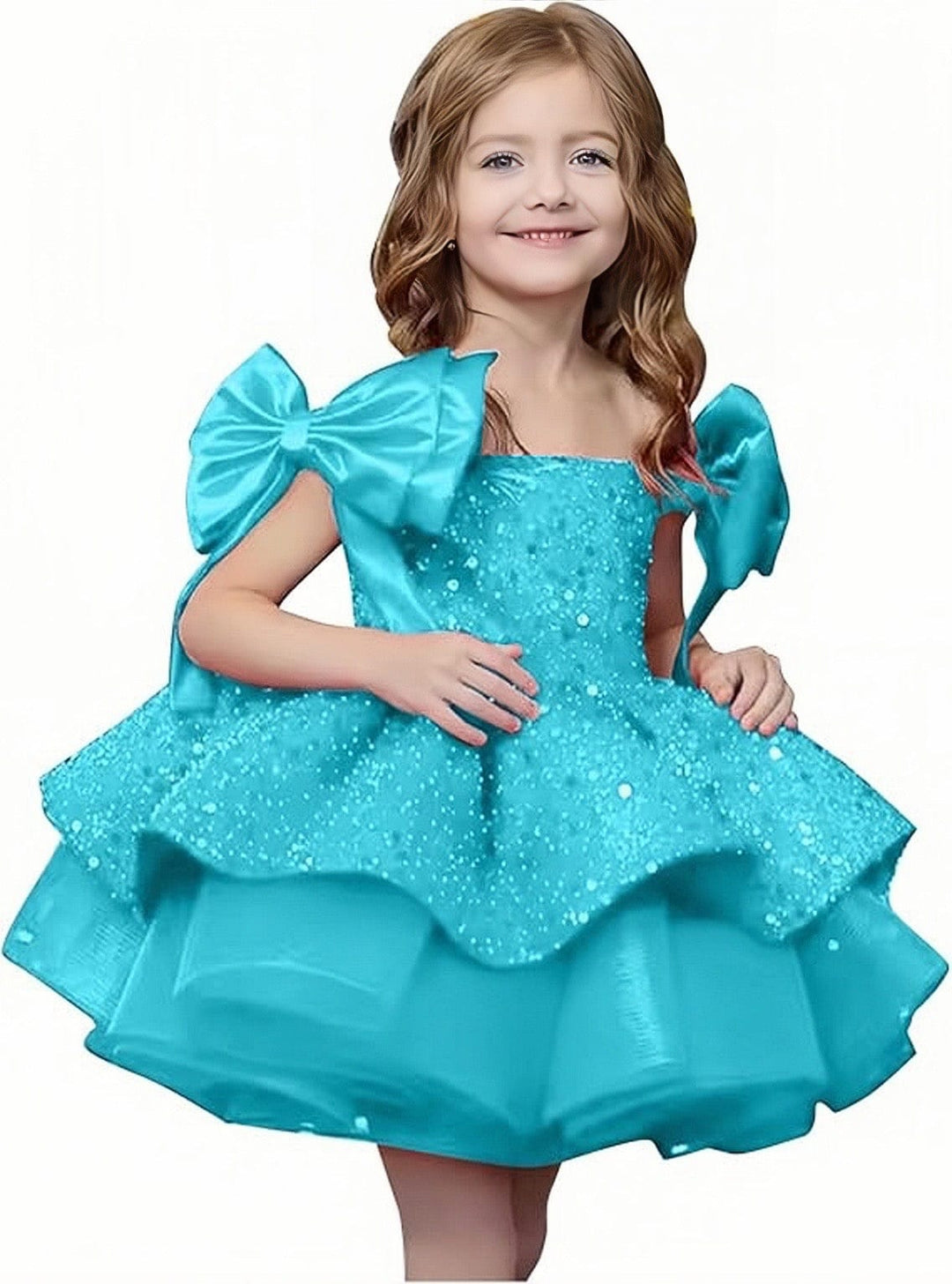 9m / Aqua Sunnypetal Off-Shoulder Sparkly Sequins Knee-Length Flower Girl Dresses with Bow Shoulder