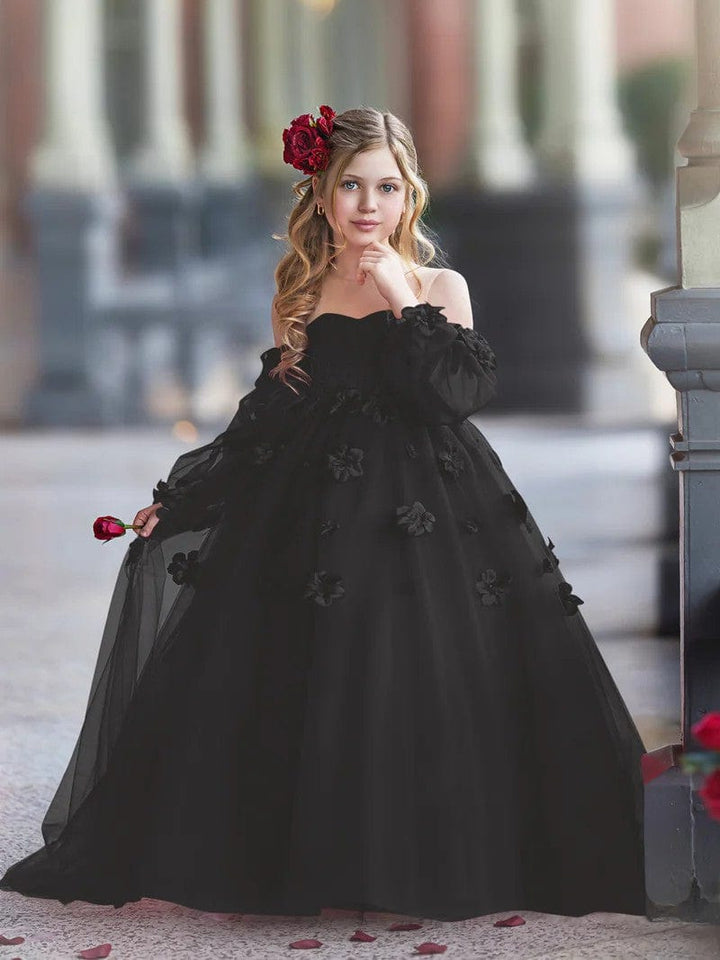 9m / Black Sunnypetal 3D Flower Princess Ball Gown Off-Shoulder Long Sleeves Girl Birthday Pageant Dresses
