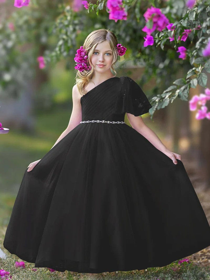9m / Black Sunnypetal One-Shoulder Tulle A-Line Floor-Length Flower Girl Dresses Birthday Pageant Holiday Dress