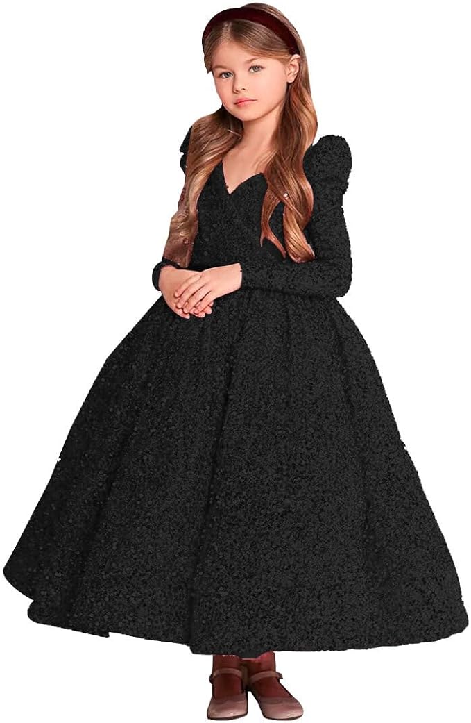 9m / Black Sunnypetal Sparkly V-Neck Sequin Flower Girl Dress Birthday Party Pageant Gown
