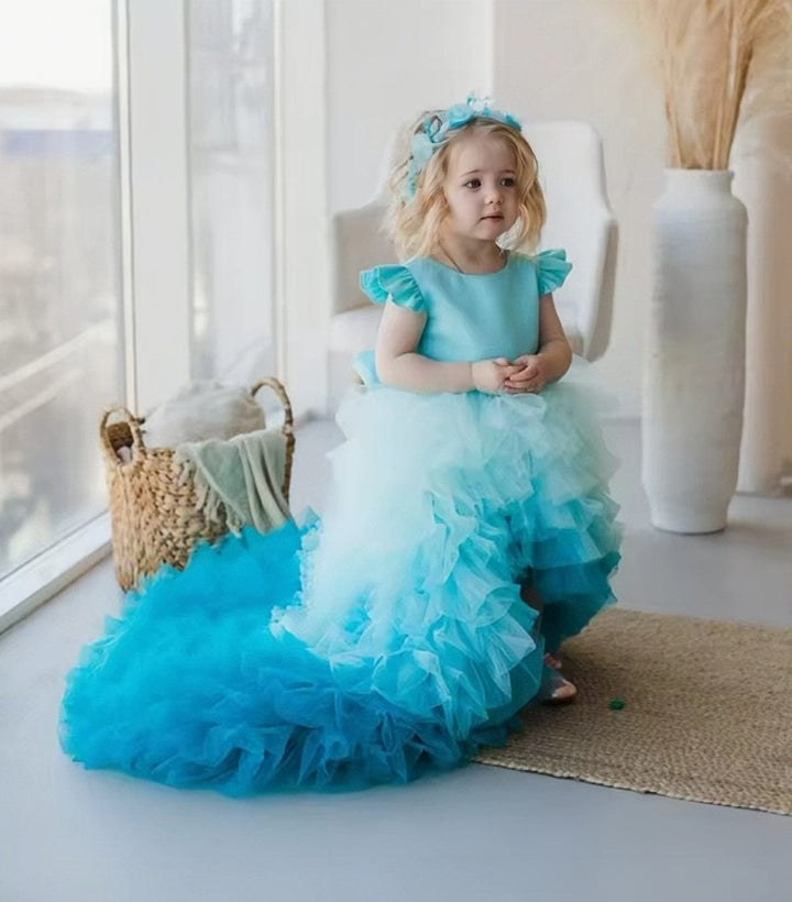 9m / Blue as image Sunnypetal Cute Baby Toddler Flower Girl Dresses Tulle Ruffles Hi-Lo Bow Party Birthday Dress
