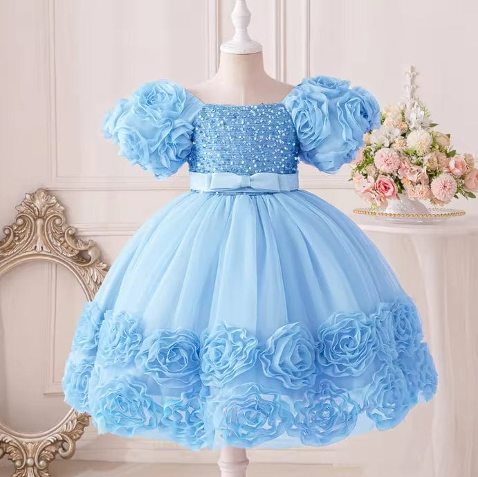9m / Blue Sunnypetal Exquisite 3D Flowers Puffy Sleeves Square Neck Sequins Flower Girl Dresses