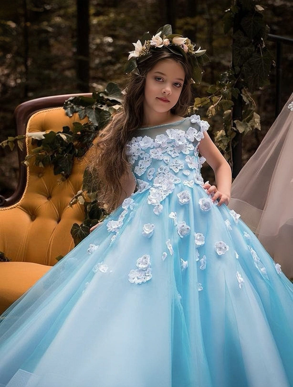 9m / Blue Sunnypetal Exquisite Blue 3D Floral Appliqué Ball Gown for Your Little Princess