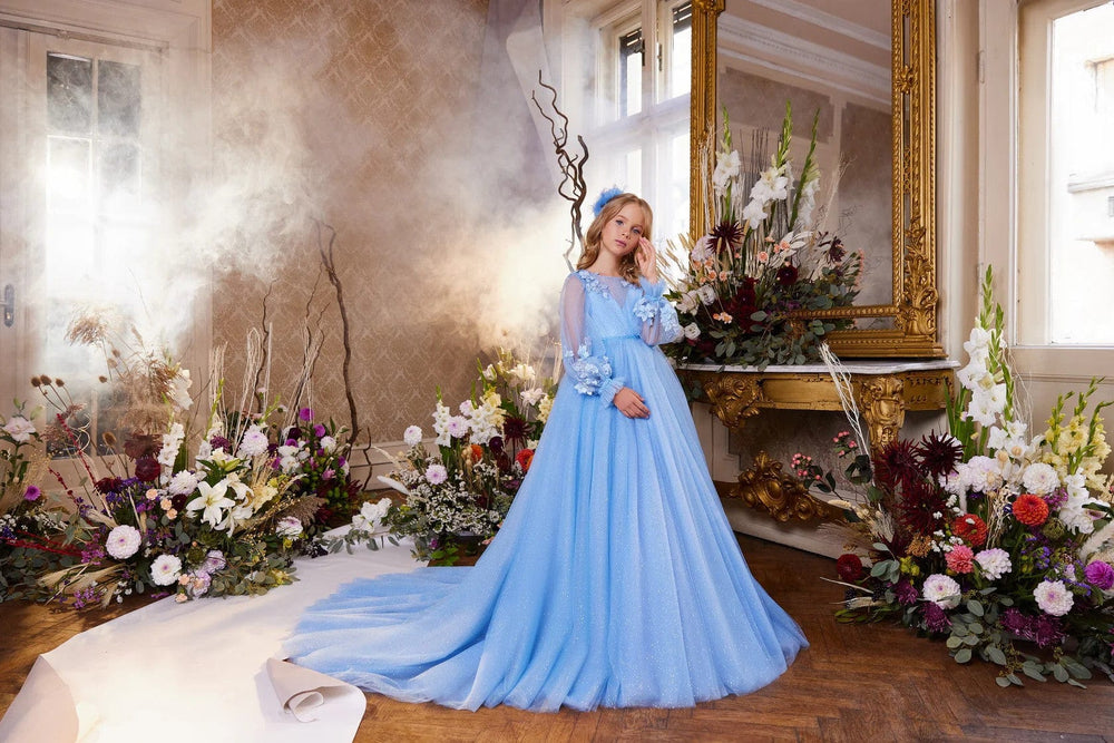9m / Blue Sunnypetal llusion V-Neckline Long Sleeves Glitter Tulle Flower Girl Dresses