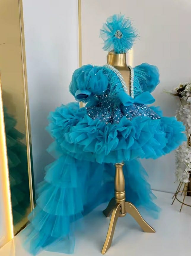 9m / Blue Sunnypetal Puff Sleeves Princess Tulle Flower Girl Dress Pearls Sequins Bow With Long Train
