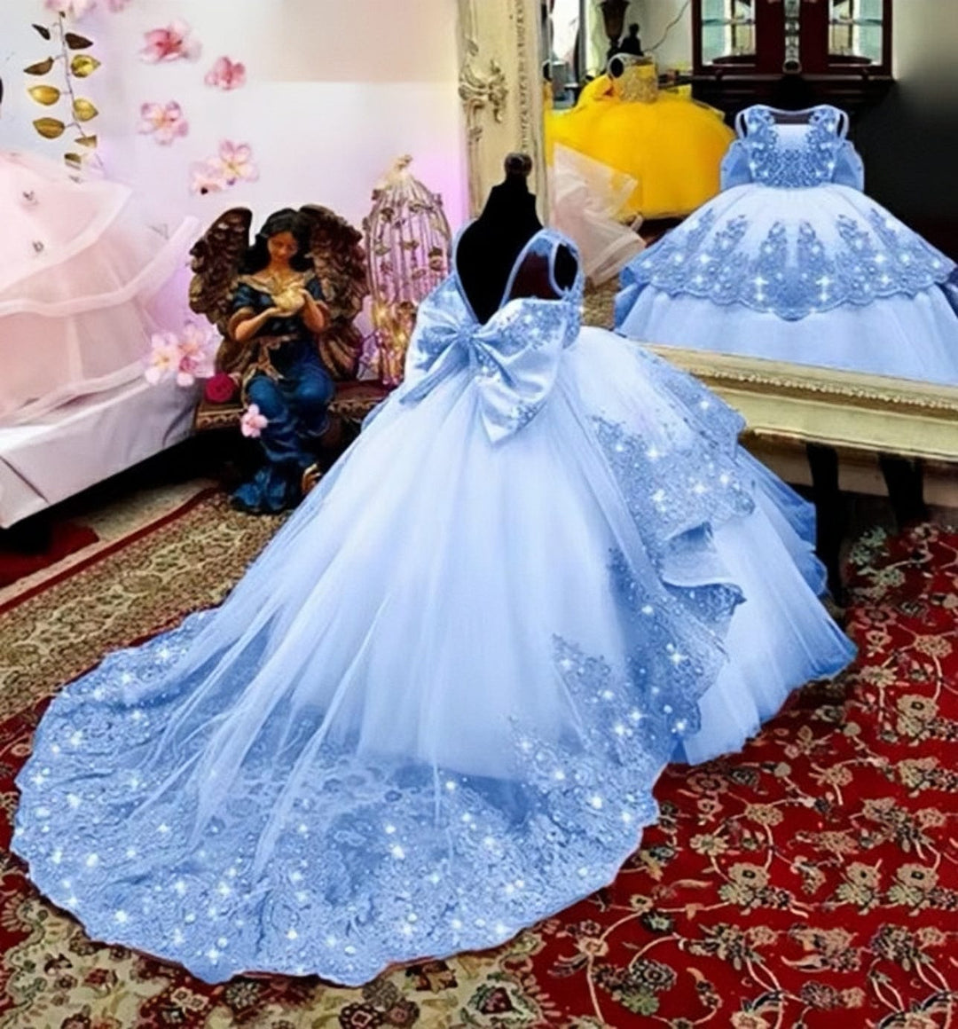 9m / Blue Sunnypetal Sparkling Flower Girl Dress With Bow Lace Applique Beaded Baby Lovely Pageant Ball Gown