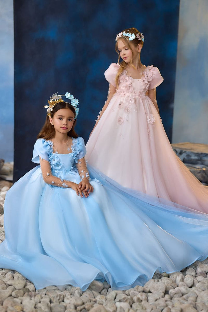 9m / Blue Sunnypetal Whimsical Blossom Long Princess Tulle Gown with Illusion Sleeves