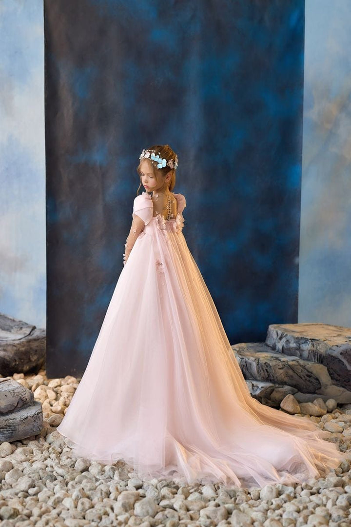9m / Blush Pink Sunnypetal Whimsical Blossom Long Princess Tulle Gown with Illusion Sleeves