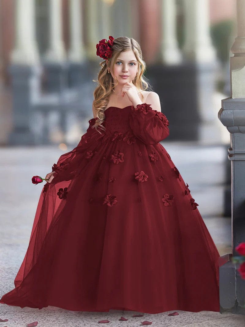 9m / Burgundy Sunnypetal 3D Flower Princess Ball Gown Off-Shoulder Long Sleeves Girl Birthday Pageant Dresses