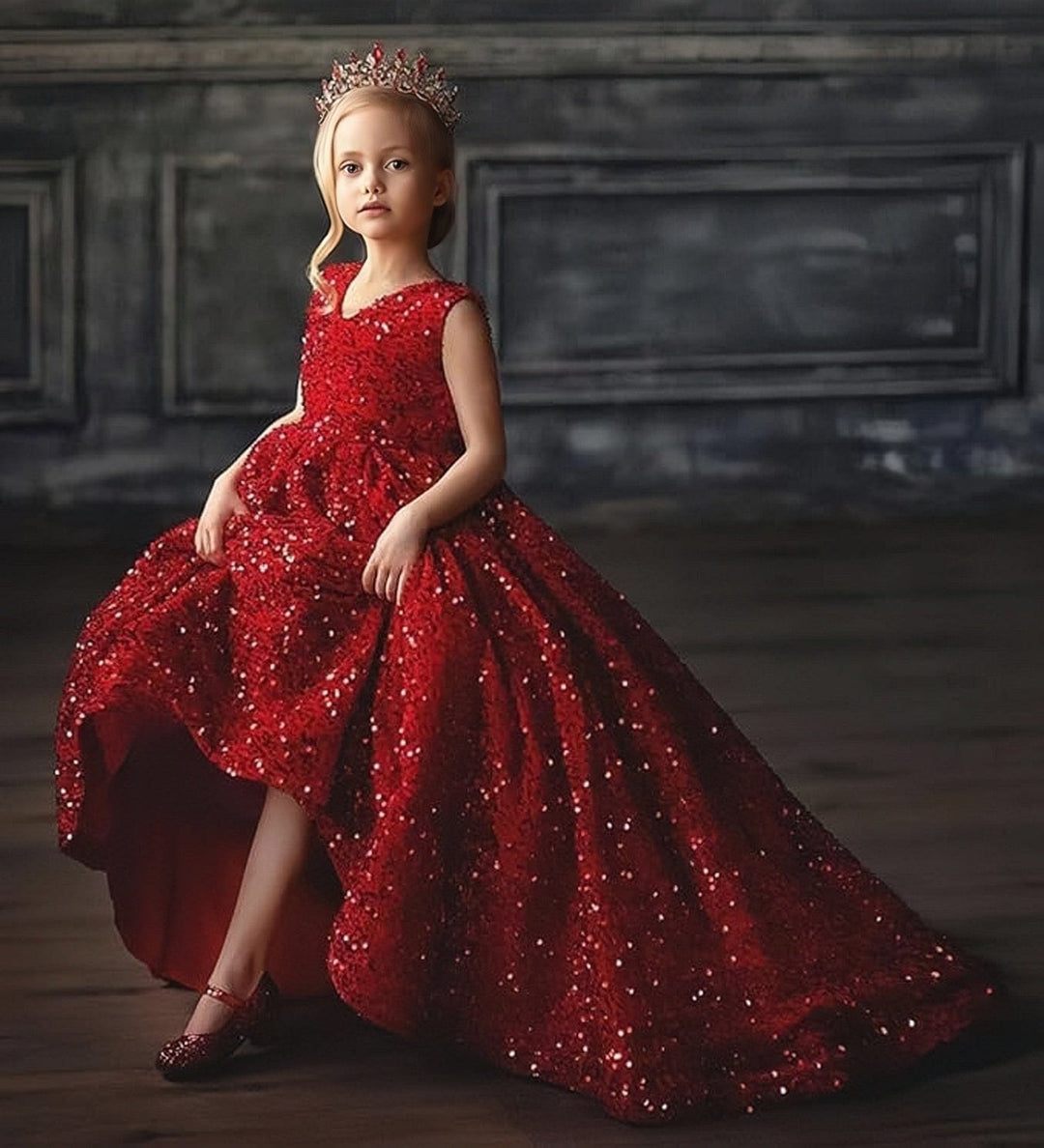 9m / Burgundy Sunnypetal Elegant Princess Flower Girl Dress with Sparkling Sequins and Flowing Train