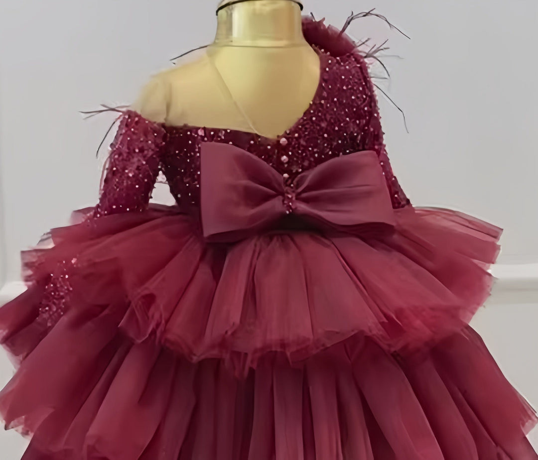 9m / Burgundy Sunnypetal Off Shoulder Long Sleeves Sequin Beaded Bow Tiered Tulle Flower Girl Dresses