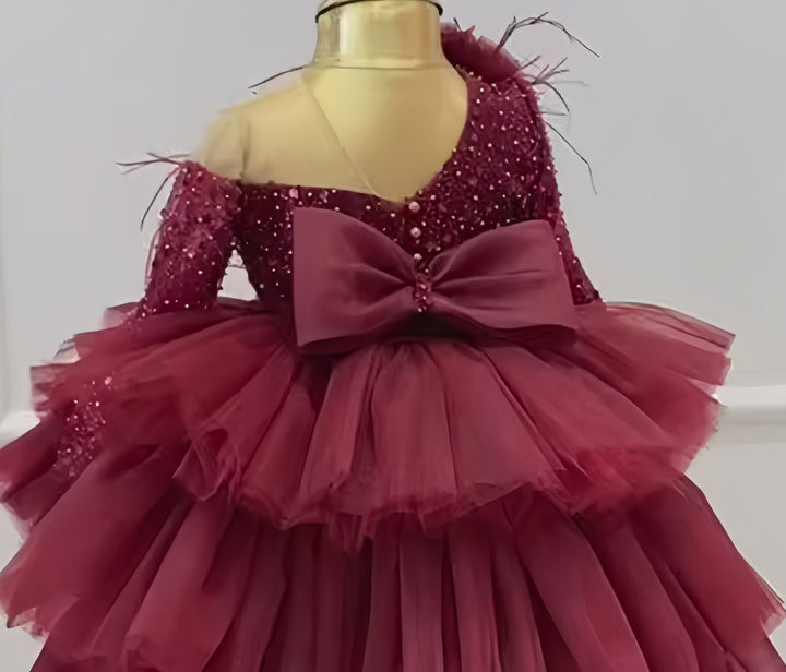 9m / Burgundy Sunnypetal Off Shoulder Long Sleeves Sequin Beaded Bow Tiered Tulle Flower Girl Dresses