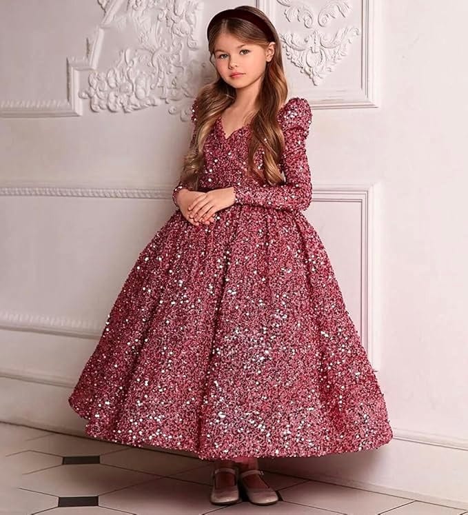 9m / Burgundy Sunnypetal Sparkly V-Neck Sequin Flower Girl Dress Birthday Party Pageant Gown