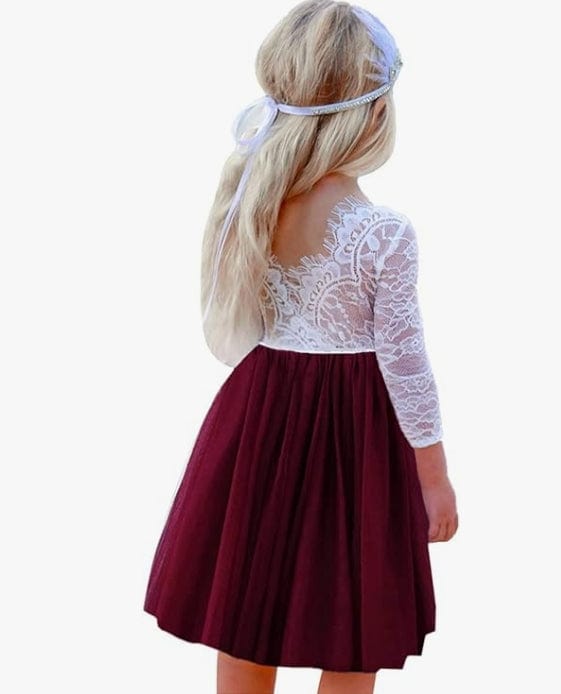9m / Burgundy Sunnypetal Vintage Lace Long Sleeve Knee-Length Flower Girl Tulle Dresses for Kids