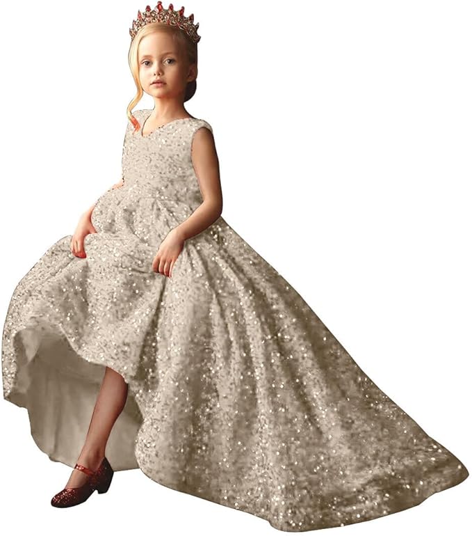 9m / Champagne Sunnypetal Elegant Princess Flower Girl Dress with Sparkling Sequins and Flowing Train