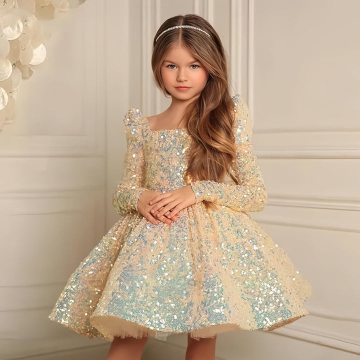 9m / Champagne Sunnypetal Long Sleeve Sequin Pageant Prom Knee-Length Flower Girl Dress