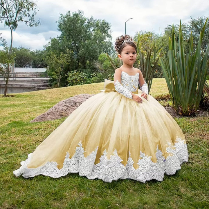 9m / Champagne Sunnypetal Long Sleeves Weddings Flower Girl Dresses Toddlers Sparkly 1st Communion Party Gowns