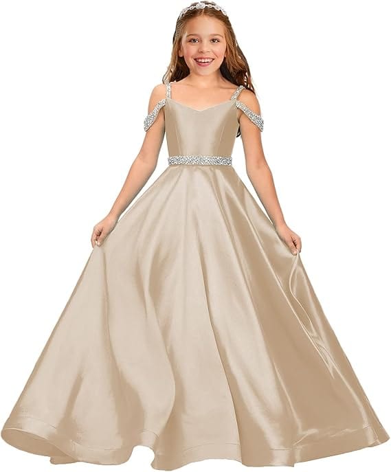 9m / Champagne Sunnypetal Off The Shoulder Girls Pageant Dress Formal Party Long Princess Flower Girl Dresses