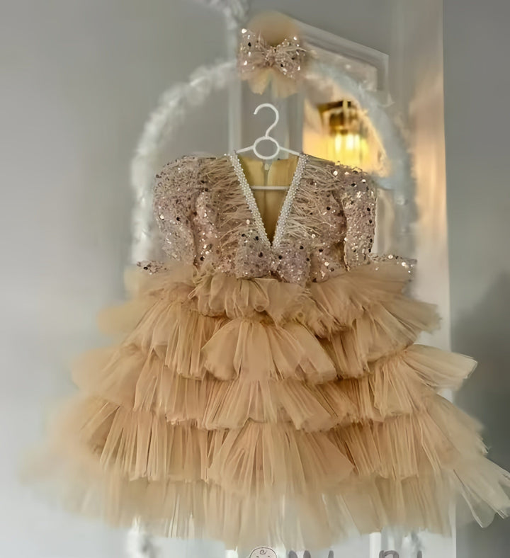 9m / Champagne Sunnypetal Puffy Tiered Flower Girl Dress Tulle Sequins Long Sleeves Knee Length Ball Gown