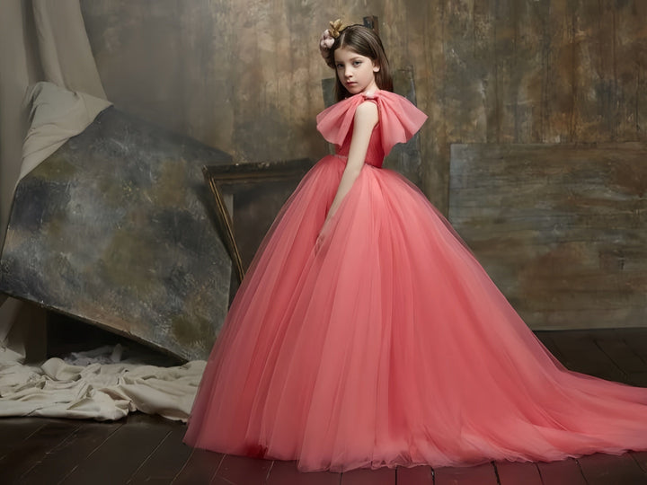 9m / Coral Sunnypetal Elegant Single Sleeve Bow Off-Shoulder Ball Gown Long Princess Flower Girl Dresses