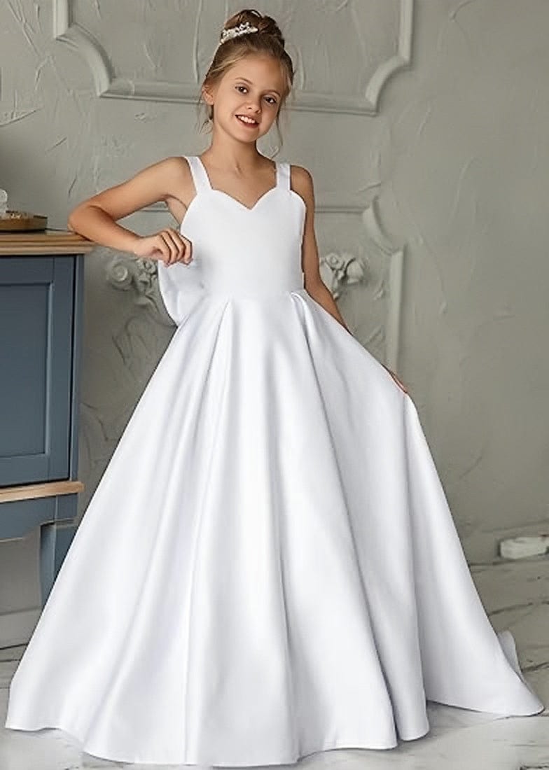 9m / Court Train / White Sunnypetal Classic Elegance Spaghetti Straps Satin Princess Wedding Flower Girl Dresses