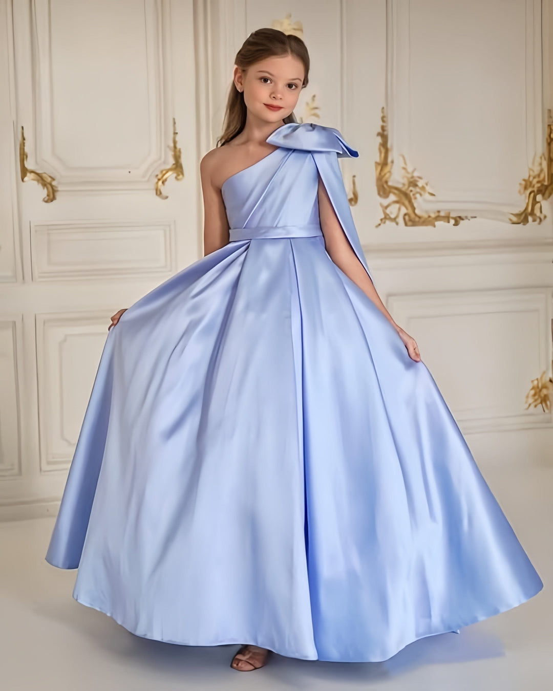 9m / Dusty Blue Sunnypetal One Shoulder Flower Girl Dress Satin Wedding First Communion Dress with Bow