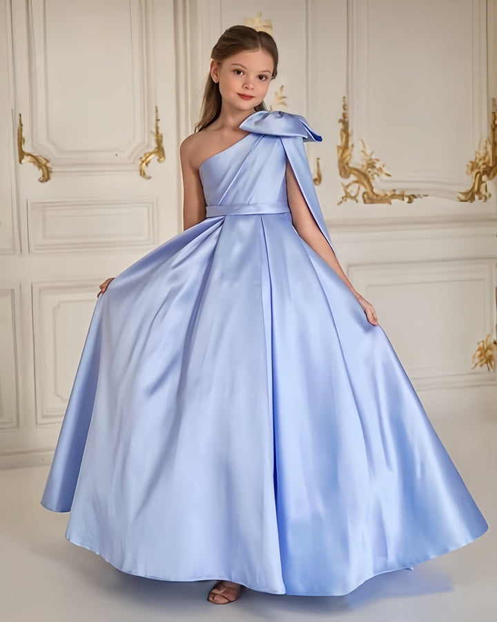 9m / Dusty Blue Sunnypetal One Shoulder Flower Girl Dress Satin Wedding First Communion Dress with Bow