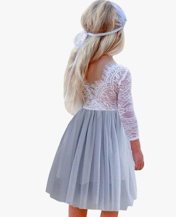 9m / Dusty Blue Sunnypetal Vintage Lace Long Sleeve Knee-Length Flower Girl Tulle Dresses for Kids