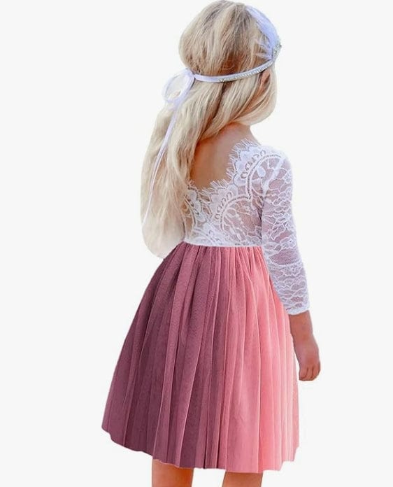 9m / Dusty Pink Sunnypetal Vintage Lace Long Sleeve Knee-Length Flower Girl Tulle Dresses for Kids