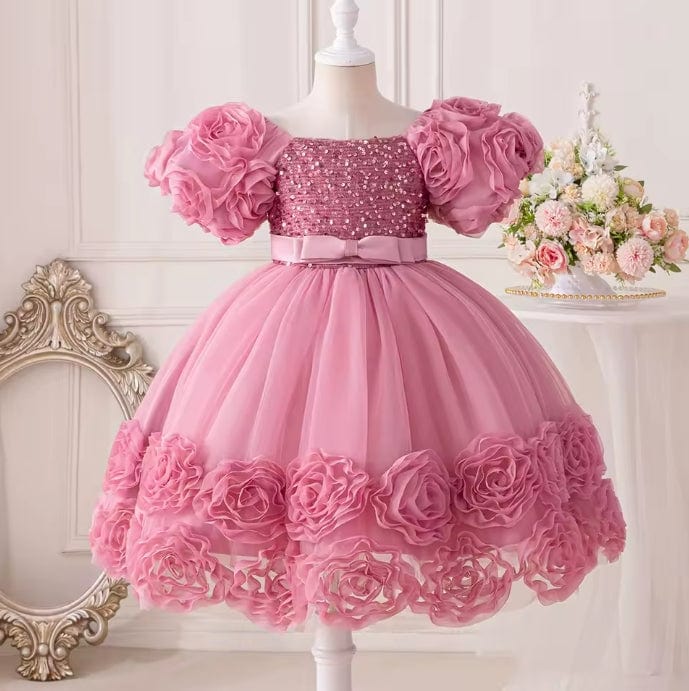 9m / Dusty Rose Sunnypetal Exquisite 3D Flowers Puffy Sleeves Square Neck Sequins Flower Girl Dresses