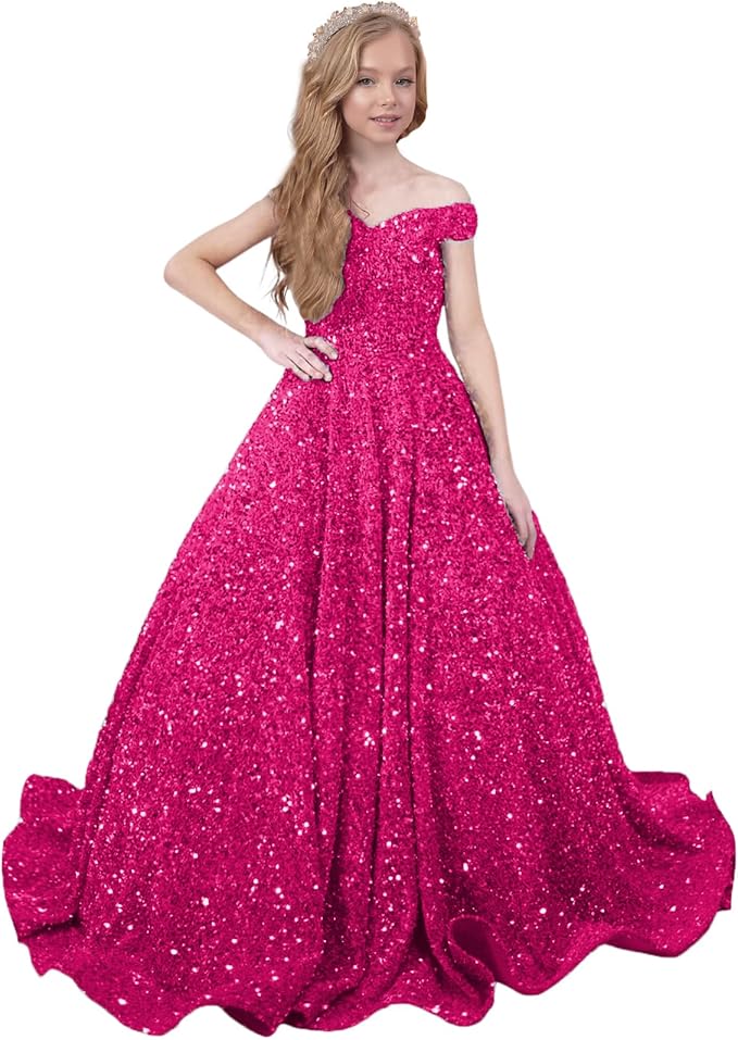 9m / Fuchsia Sunnypetal Sparkly Sequin Pageant Dresses Off Shoulder Flower Girl Dress Kids Wedding Ball Gown