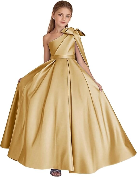 9m / Gold Sunnypetal One Shoulder Flower Girl Dress Satin Wedding First Communion Dress with Bow