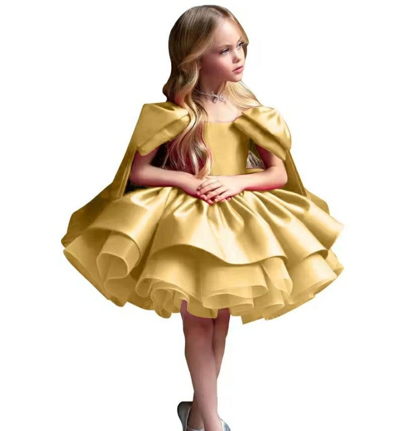 9m / Gold Sunnypetal Puffy Satin Flower Girl Dress Bow Toddler Baby Birthday Pageant Ballet Tutu Dress