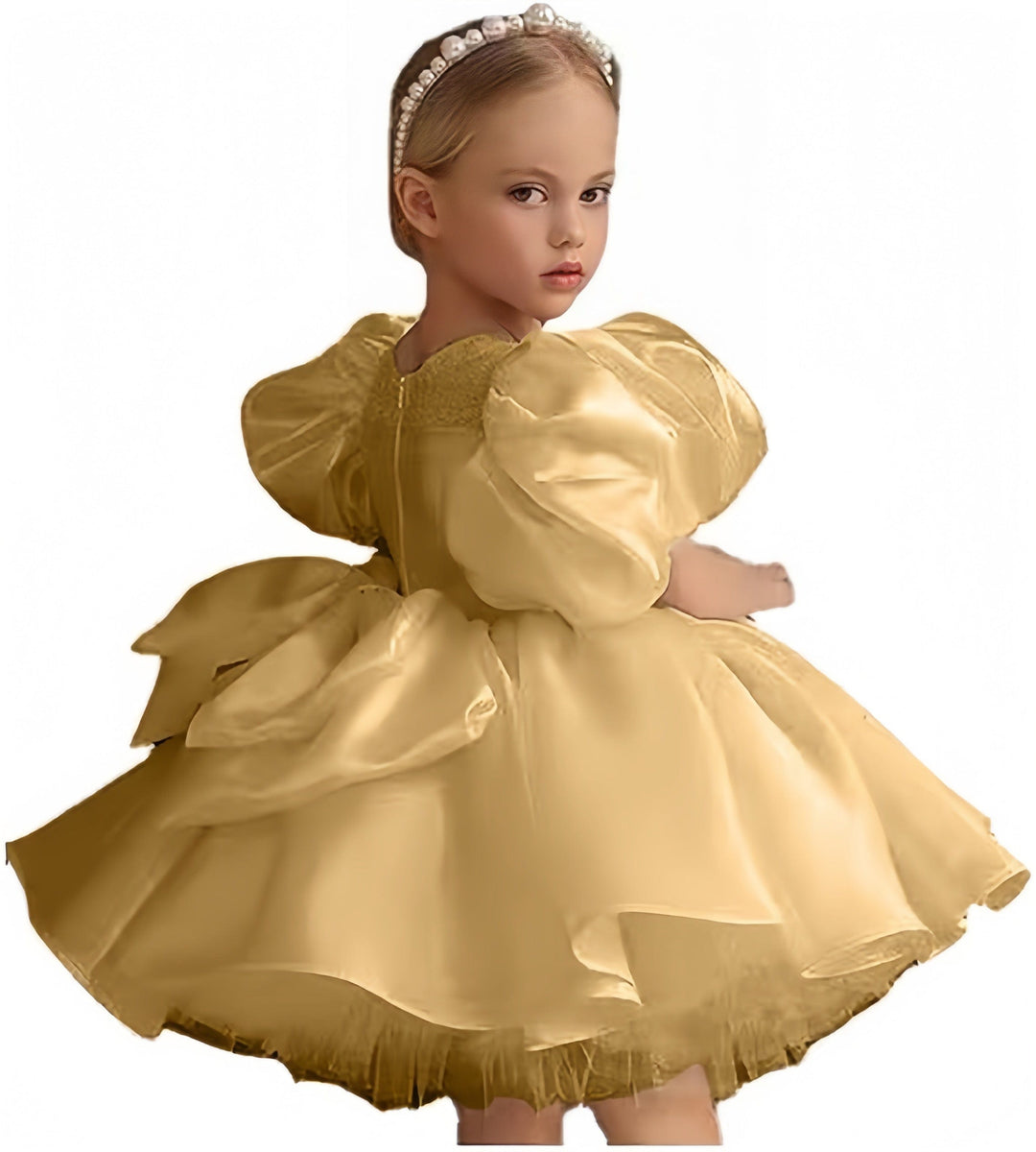 9m / Gold Sunnypetal Puffy Tulle Layers Birthday Party Pageant Dress Satin Princess Flower Girl Dresses