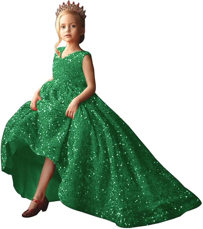 9m / Green Sunnypetal Elegant Princess Flower Girl Dress with Sparkling Sequins and Flowing Train