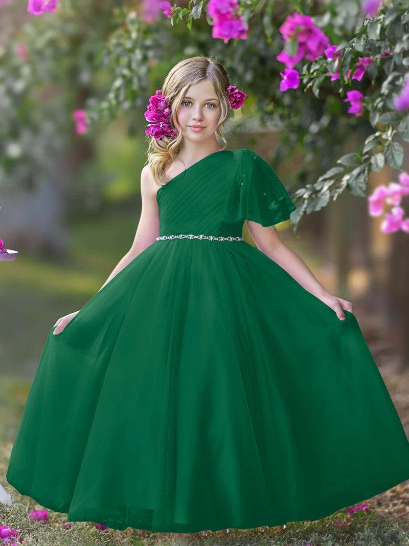 9m / Green Sunnypetal One-Shoulder Tulle A-Line Floor-Length Flower Girl Dresses Birthday Pageant Holiday Dress