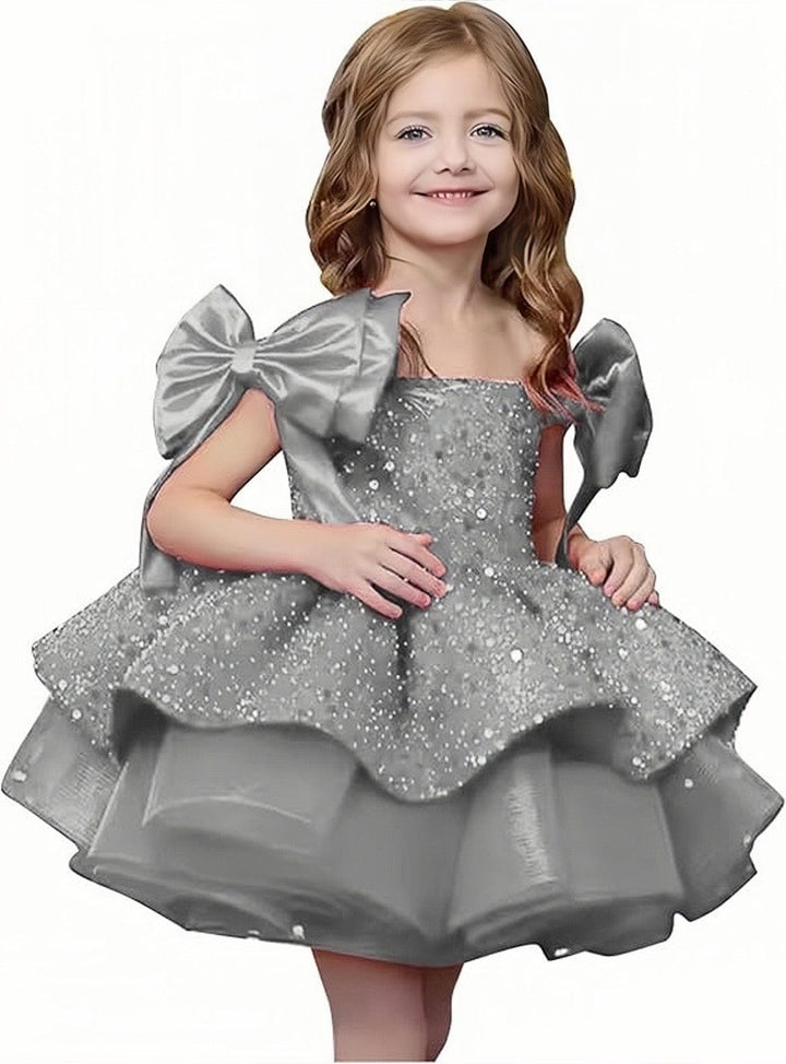 9m / Grey Sunnypetal Off-Shoulder Sparkly Sequins Knee-Length Flower Girl Dresses with Bow Shoulder