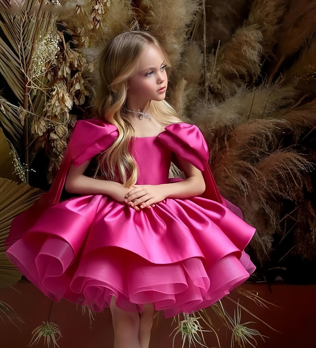 9m / Hot Pink Sunnypetal Puffy Gold Satin Flower Girl Dress Bow Toddler Baby Birthday Pageant Ballet Tutu Dress