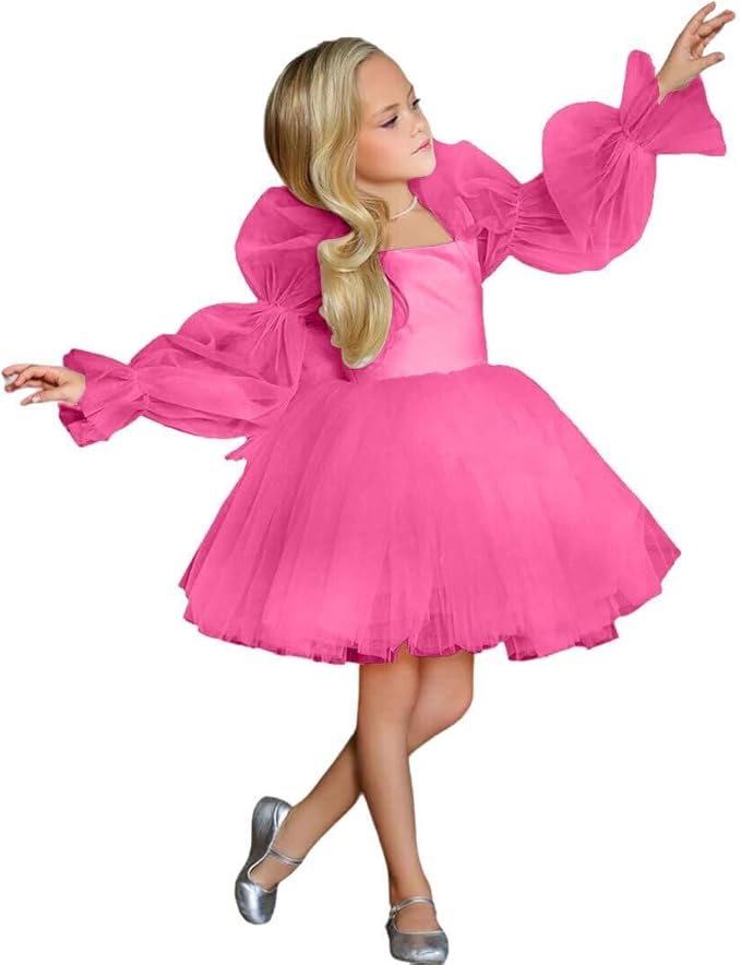 9m / Hot Pink Sunnypetal Tulle Long Sleeve Flower Girl Dresses for Wedding Short Princess Pageant Dress