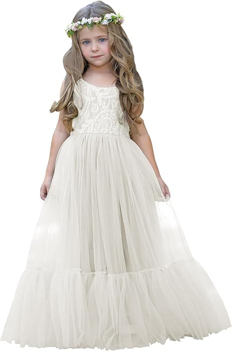 9m / Ivory Sunnypetal Flower Girl Dress Lace/Tulle Boho Toddler Dresses