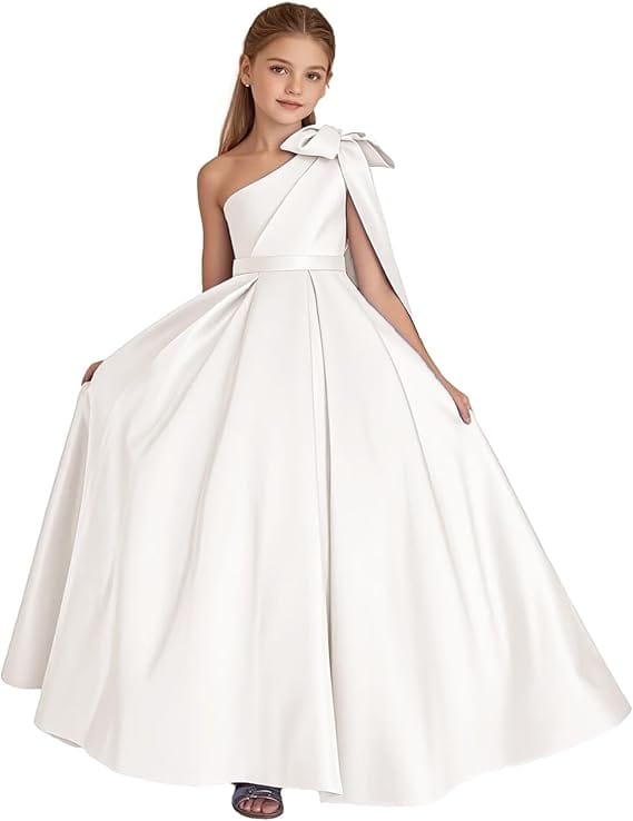 9m / Ivory Sunnypetal One Shoulder Flower Girl Dress Satin Wedding First Communion Dress with Bow
