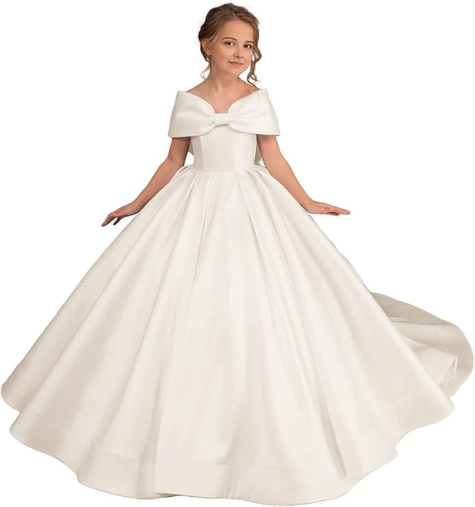 9m / Ivory Sunnypetal White Off Shoulder Satin Ball Gown Bow Princess Flower Girl Dress