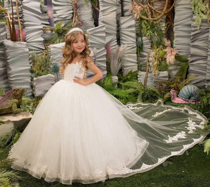 9m / Ivory / With Train Sunnypetal Enchanting Tulle Flower Girl Dress with Lace Floral Appliques and Cathedral Train