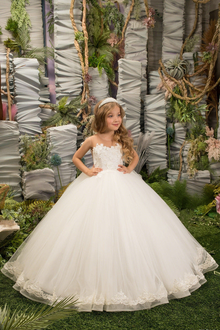9m / Ivory / Without Train Sunnypetal Enchanting Tulle Flower Girl Dress with Lace Floral Appliques and Cathedral Train