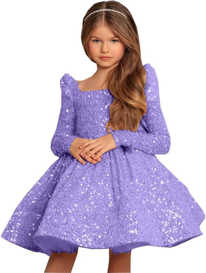 9m / Lavender Sunnypetal Long Sleeve Sequin Pageant Prom Knee-Length Flower Girl Dress