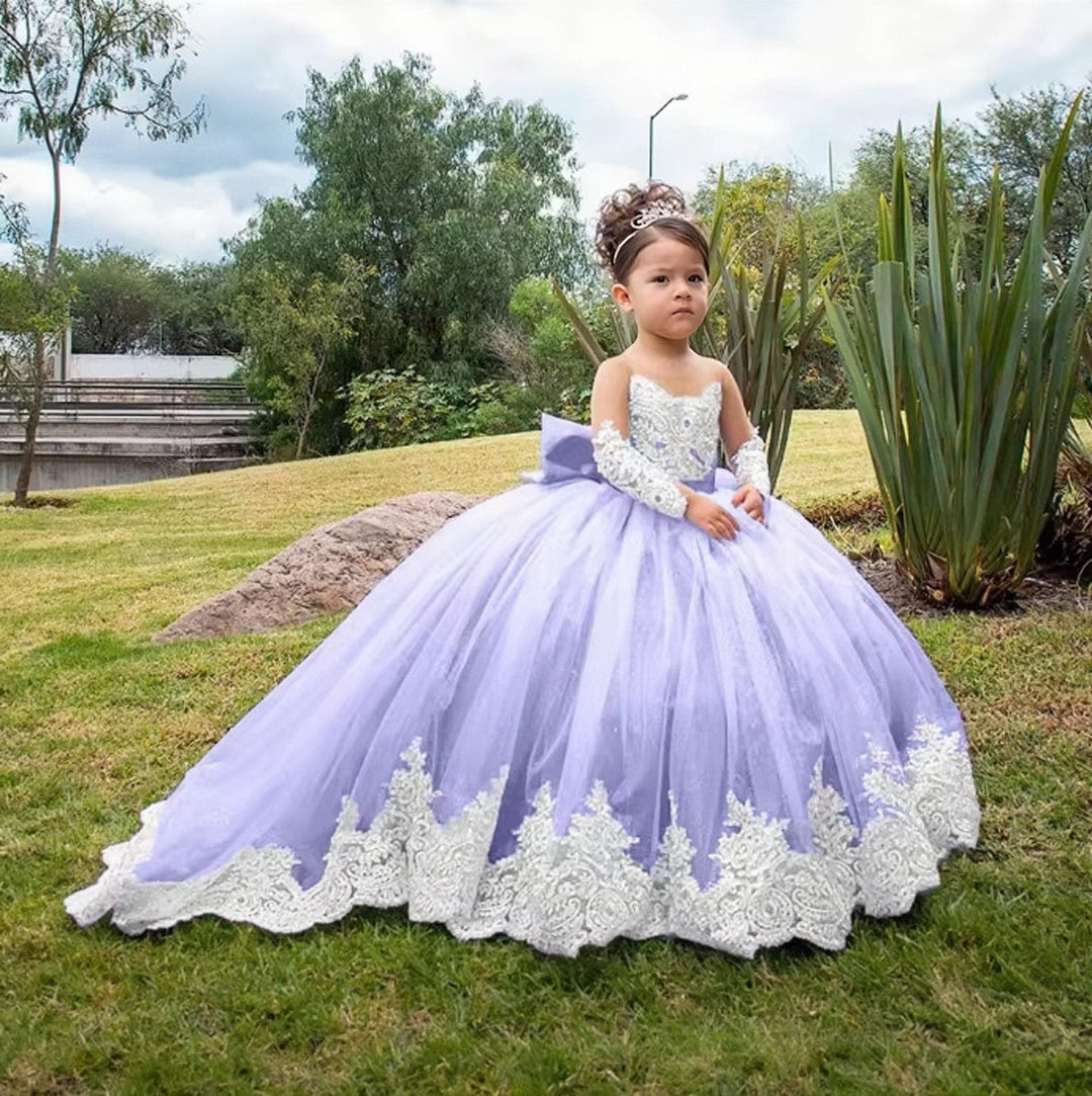 9m / Lavender Sunnypetal Long Sleeves Weddings Flower Girl Dresses Toddlers Sparkly 1st Communion Party Gowns