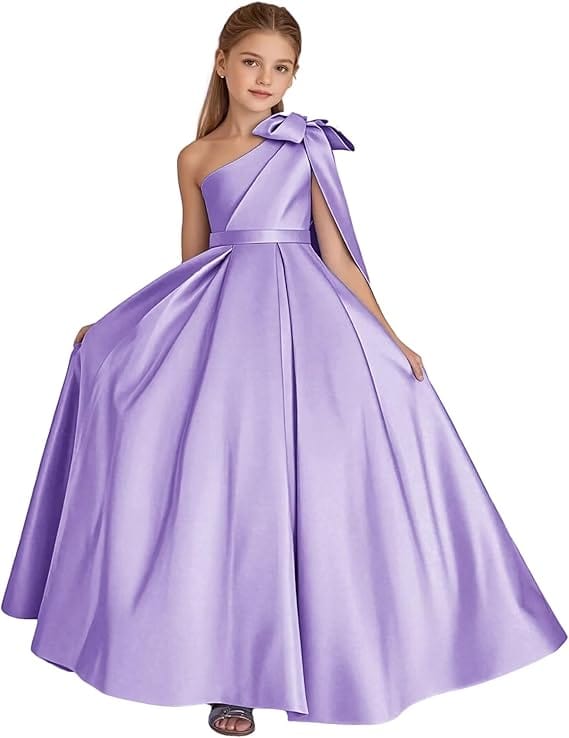 9m / Lavender Sunnypetal One Shoulder Flower Girl Dress Satin Wedding First Communion Dress with Bow