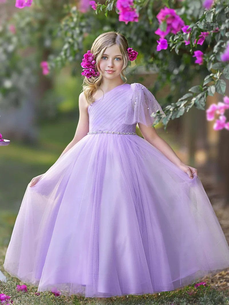 Sunnypetal One-Shoulder Tulle A-Line Floor-Length Flower Girl Dresses Birthday Pageant Holiday Dress Sunnypetal One-Shoulder Tulle A-Line Floor-Length Flower Girl Dresses Birthday Pageant Holiday Dress